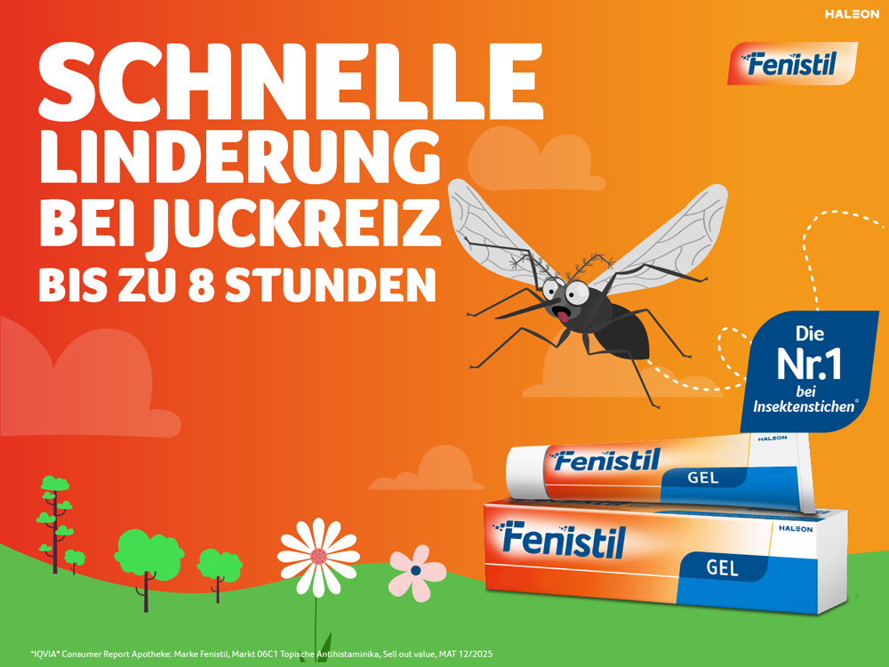 Werbung für Fenistil Gel. Schnelle Linderung bei Juckreiz. Gel-Tube und Insekt.